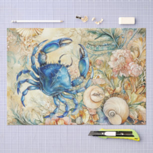 Beachy Pastel Blue Crab & Shells Decoupage Tissue Paper