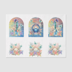 Beachy Pastel  Floral Mermaid & Shells Decoupage Tissue Paper