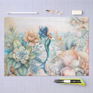 Beachy Pastel  Floral Mermaid & Shells Decoupage  Tissue Paper