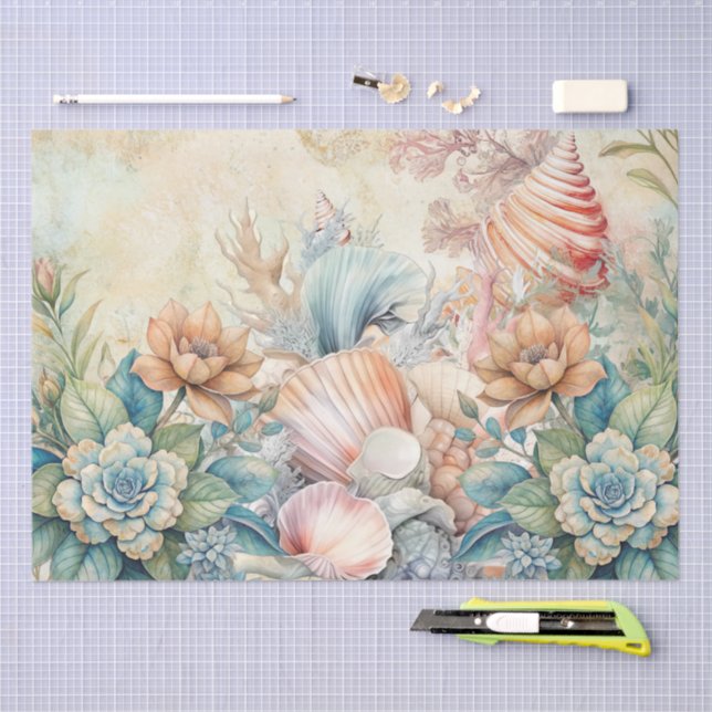 Beachy Pastel Floral Seashells Decoupage  Tissue Paper (Craft)