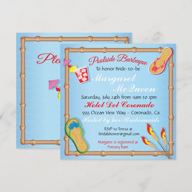 Beachy Poolside BBQ Bridal Shower Invitation (Front/Back)