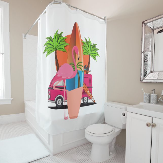Beachy Retro Surf Theme with Flamingo Shower Curtain (In Situ)