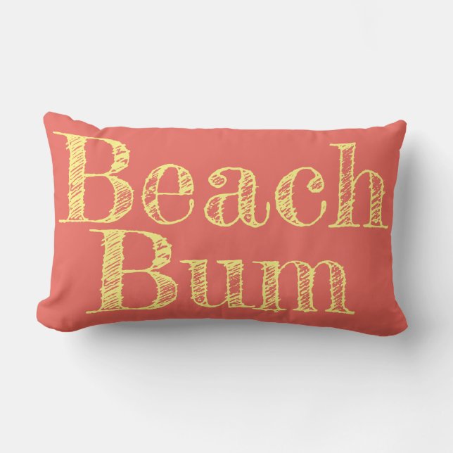 beachy salmon and yellow BEACH BUM typography Lumbar Cushion (Front)