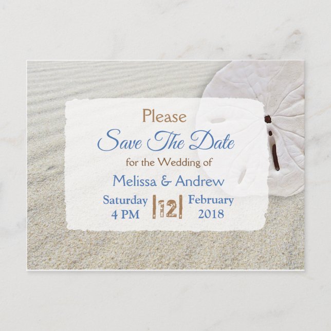 Beachy Sand Dollar Themed Wedding Save the Date Announcement Postcard (Front)