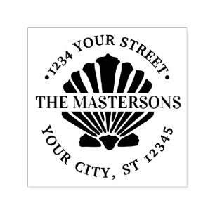 Beachy Scallop Shell Round Name Address Self-inking Stamp