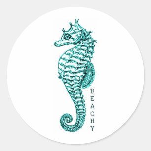 BEACHY SEAHORSE PRINT IN TEAL CLASSIC ROUND STICKER