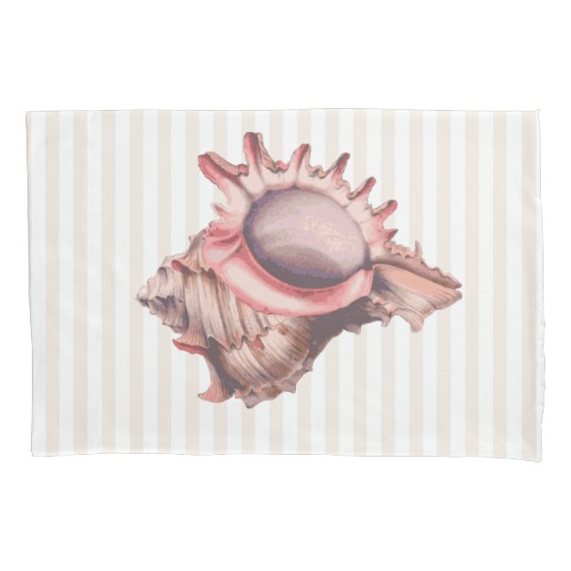 Beachy Tan Stripes & Coral Conch Shell Pillowcase (Front)