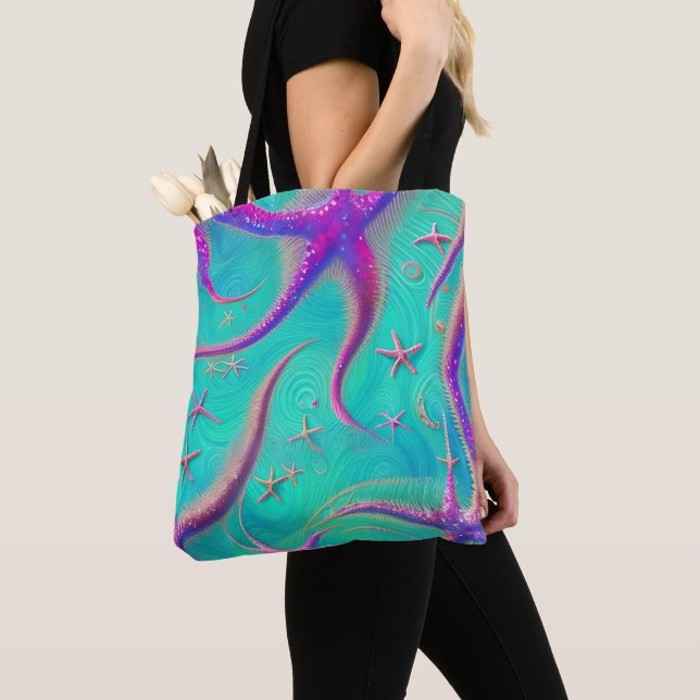 Beachy Themed Teal and Purple Starfish Tote Bag (Close Up)