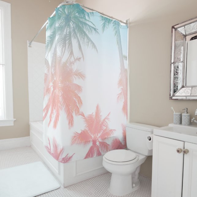 Beachy Vintage Sunset Palm Trees Shower Curtain (In Situ)