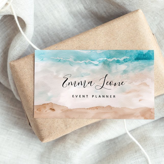 Beachy Watercolor | Sea Blue, Cream and Brown Business Card (Creator Uploaded)