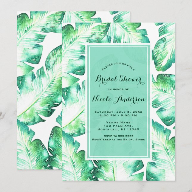 Beachy White & Green Tropical Leaves Bridal Shower Invitation (Front/Back)