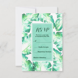 Beachy White & Green Tropical Leaves RSVP Reply Card