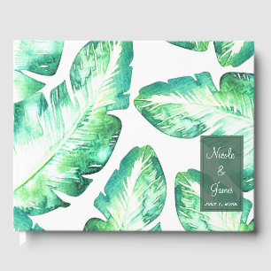 Beachy White Green Tropical Leaves Wedding Guest Book