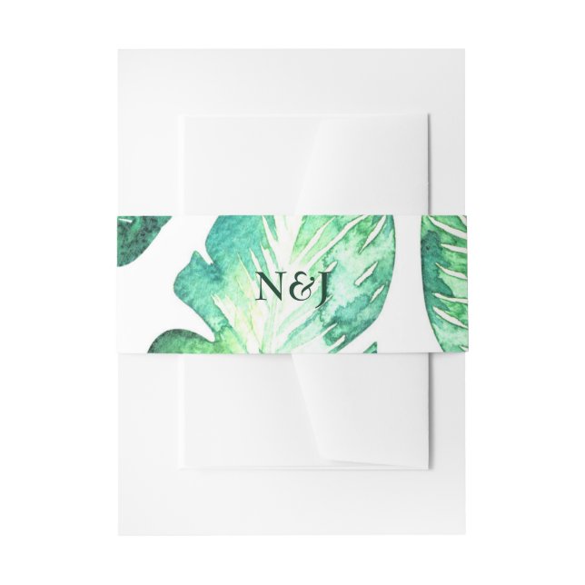 Beachy White & Green Tropical Leaves Wedding Invitation Belly Band (Front Example)
