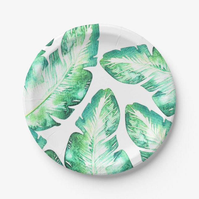 Beachy White & Green Tropical Leaves Wedding Paper Plate (Front)