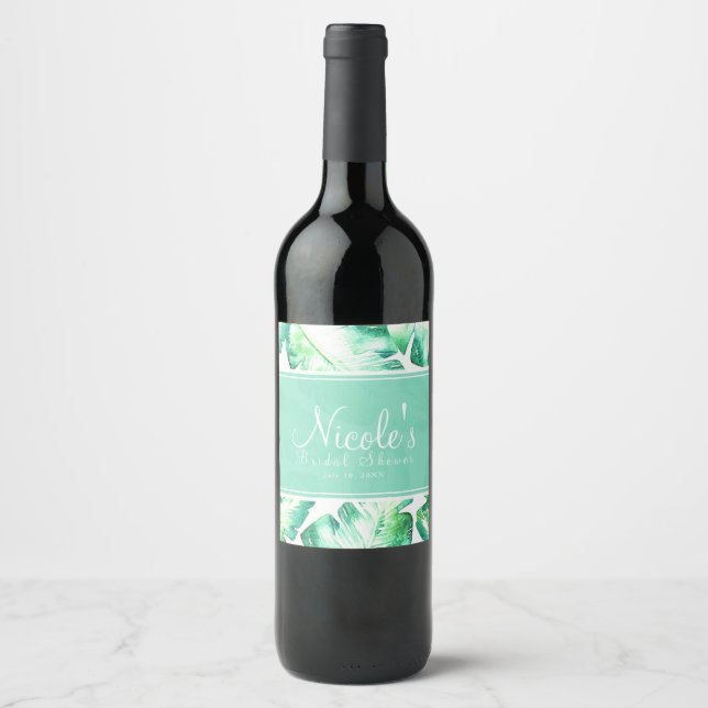 Beachy White & Green Tropical Leaves Wedding Wine Wine Label (Front)