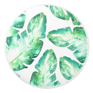 Beachy White & Green Tropical Palm Leaves Ceramic Knob