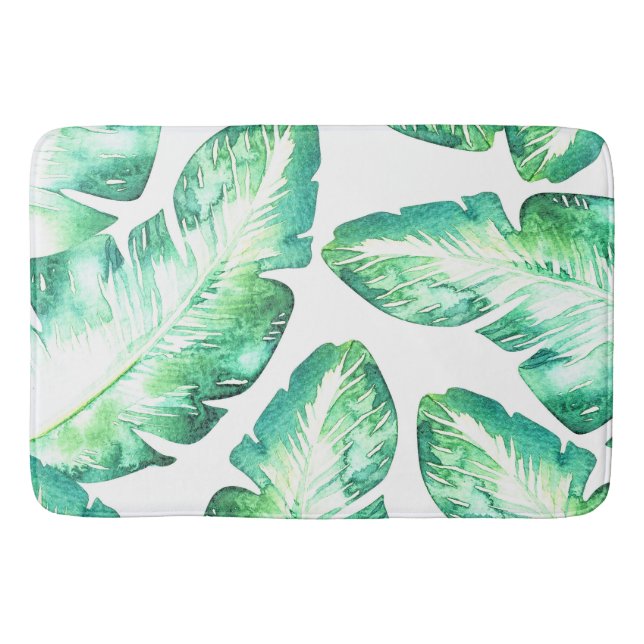 Beachy White & Green Tropical Palm Leaves Chic Bath Mat (Front)