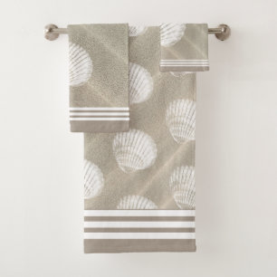 Beachy White Stripes & White Seashells Sand Dunes Bath Towel Set