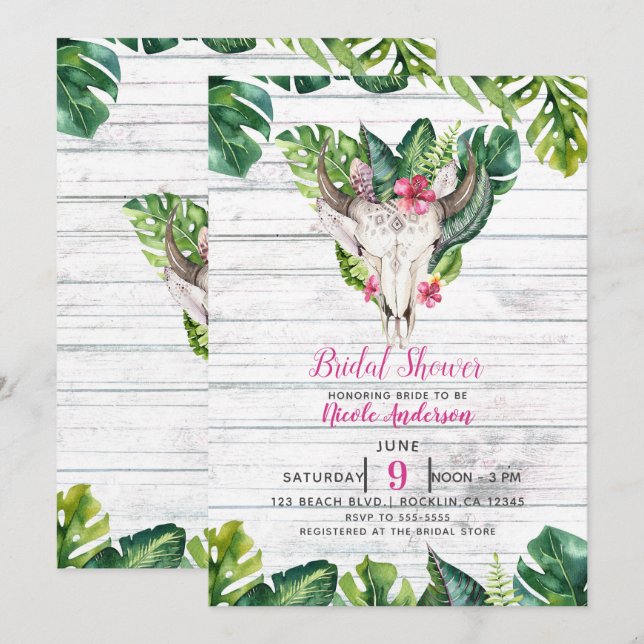 Beachy Wood Boho Skull Tropical Floral Leaves Invitation (Front/Back)