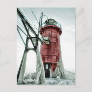 Beacon Frozen Red South Haven Lighthouse Winter Postcard