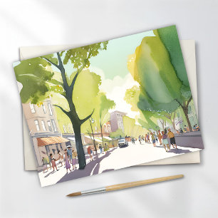 Beacon Street Summer   Boston, MA Watercolor Postcard