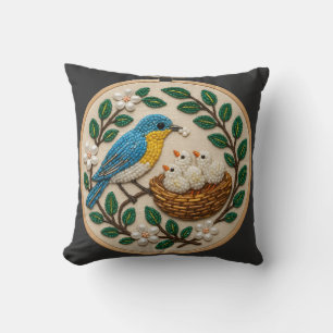 Beaded Bluebird Nest Embroidery Art Cushion