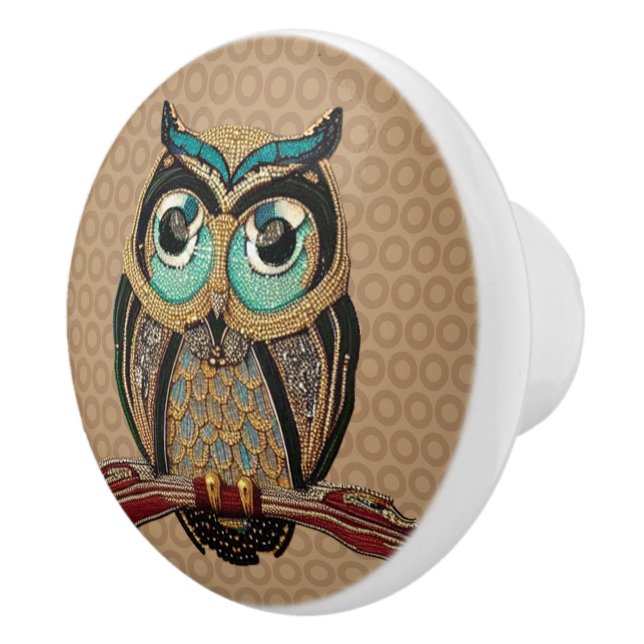 Beaded Owl - Art Deco Turquoise and Gold Beads Ceramic Knob (Right)