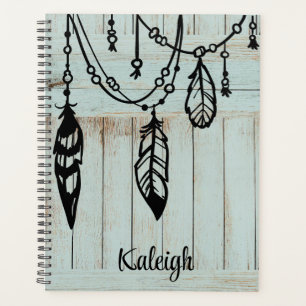 Beads and Feathers on Weathered Blue Barn Boards Planner