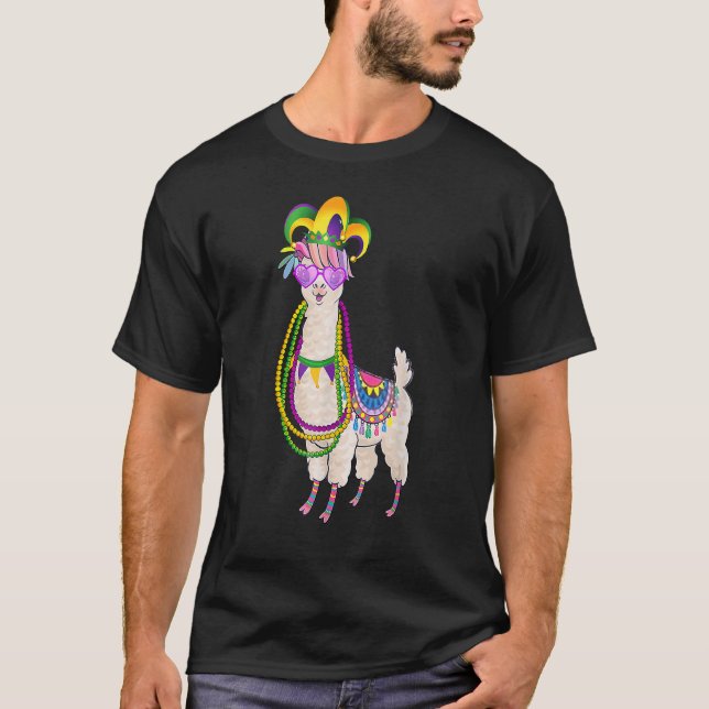 Beads & Mask Mardi Gras Llama For Men Women Kids T-Shirt (Front)