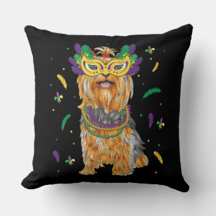 Beads & Mask Yorkshire Terrier Mardi Gras Dog Mum Cushion