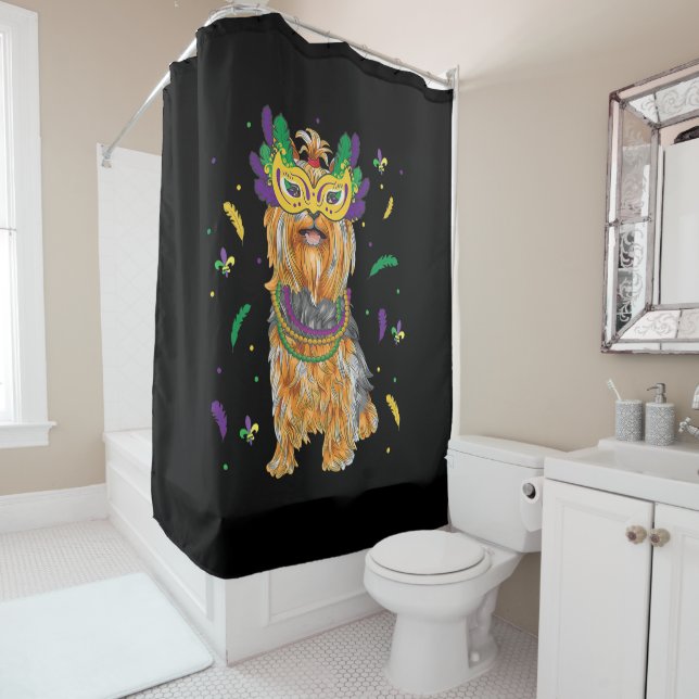 Beads & Mask Yorkshire Terrier Mardi Gras Dog Mum Shower Curtain (In Situ)