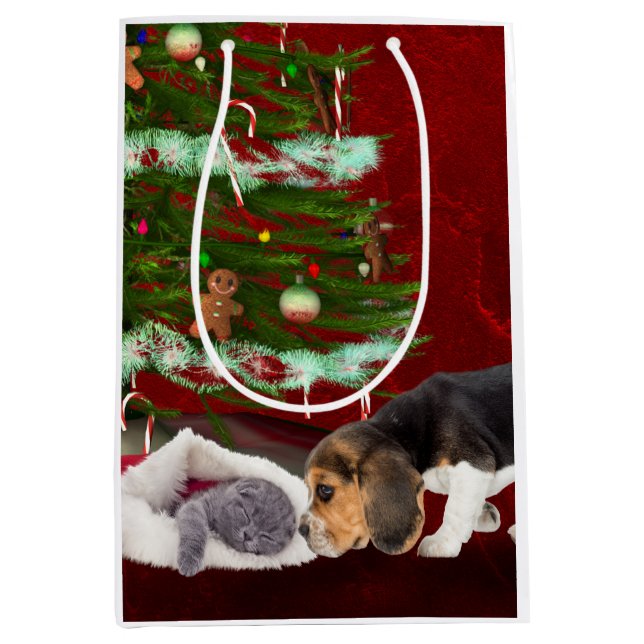 Beagle and naughty kitty Christmas Medium Gift Bag (Front)