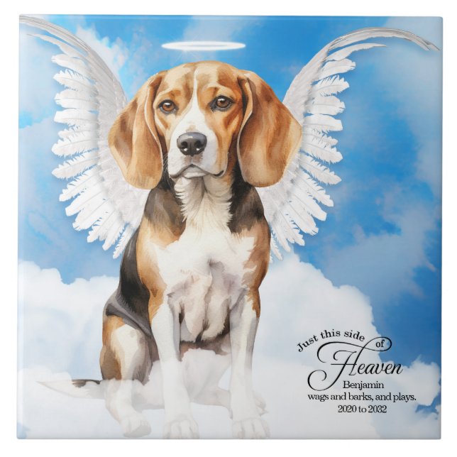 Beagle Angel Dog Personalised Pet Memorial Tile (Front)