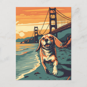 Beagle at the Golden Gate Bridge during sunset Postcard