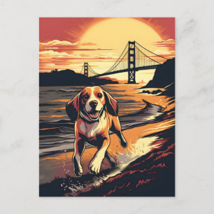 Beagle at the Golden Gate Bridge during sunset Postcard
