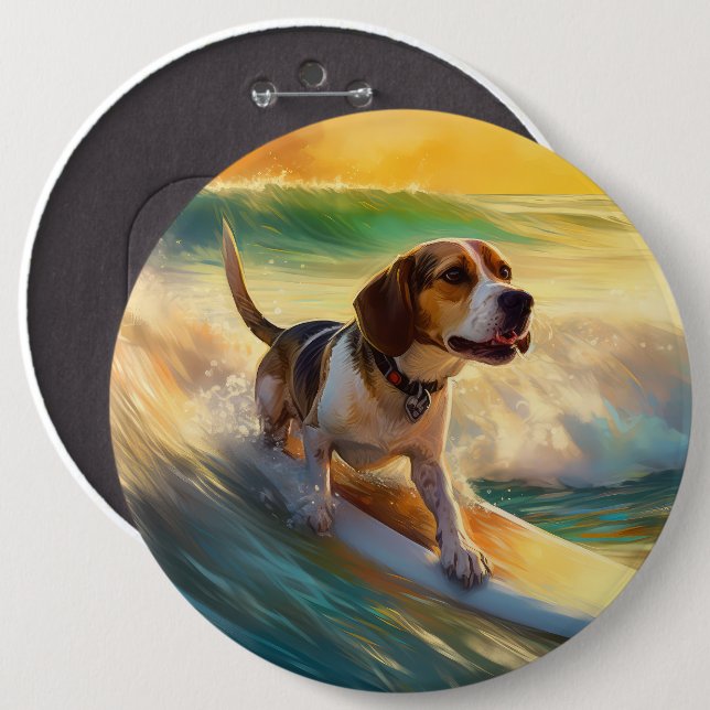 Beagle Beach Surfing Painting 6 Cm Round Badge (Front & Back)