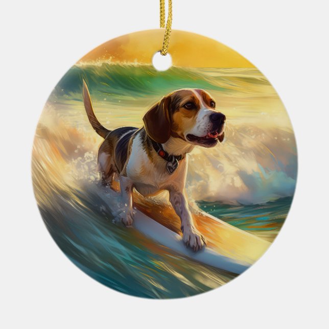 Beagle Beach Surfing Painting Ceramic Tree Decoration (Front)