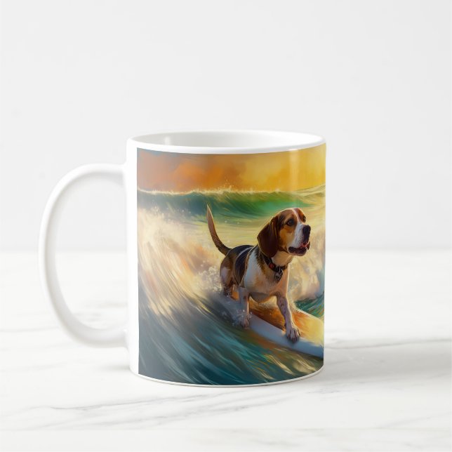 Beagle Beach Surfing Painting Coffee Mug (Left)