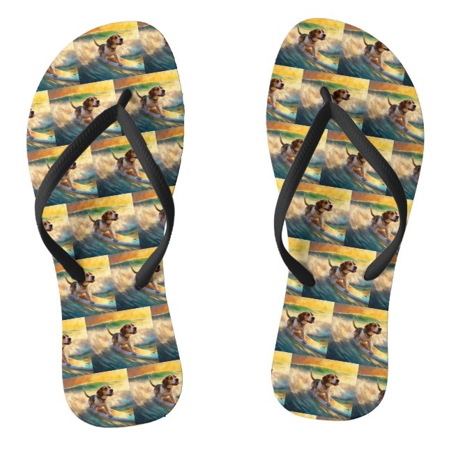 Beagle Beach Surfing Painting Flip Flops (Footbed)