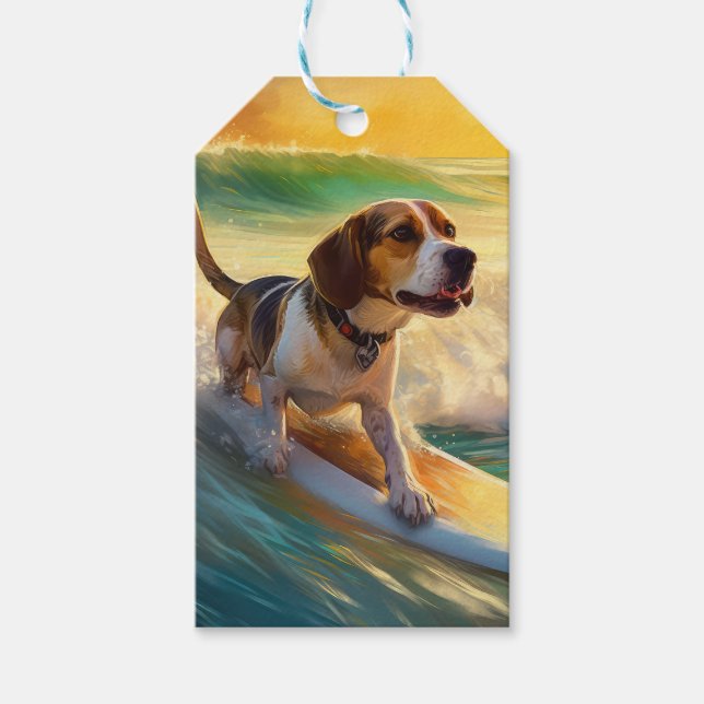 Beagle Beach Surfing Painting Gift Tags (Front)