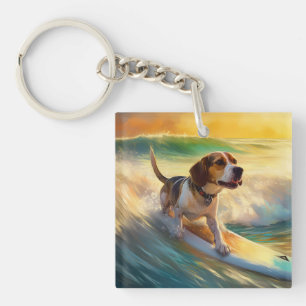 Beagle Beach Surfing Painting Key Ring