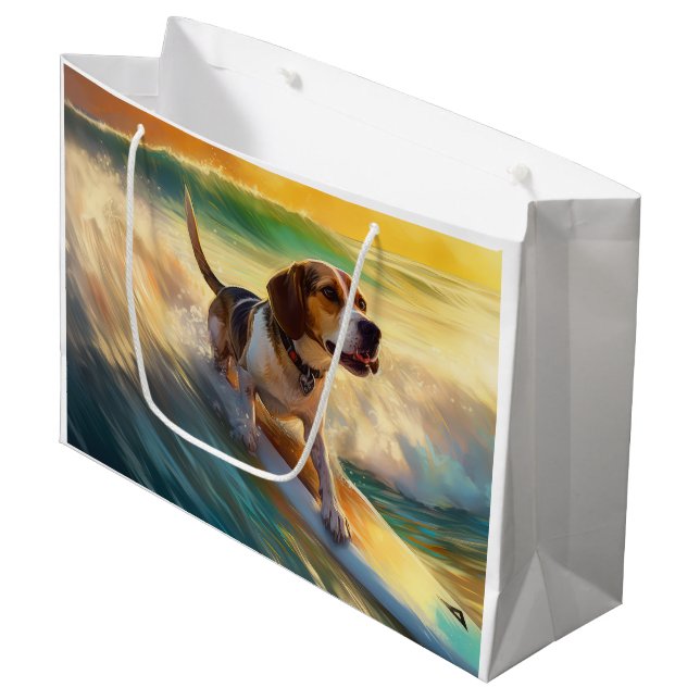 Beagle Beach Surfing Painting Large Gift Bag (Front Angled)