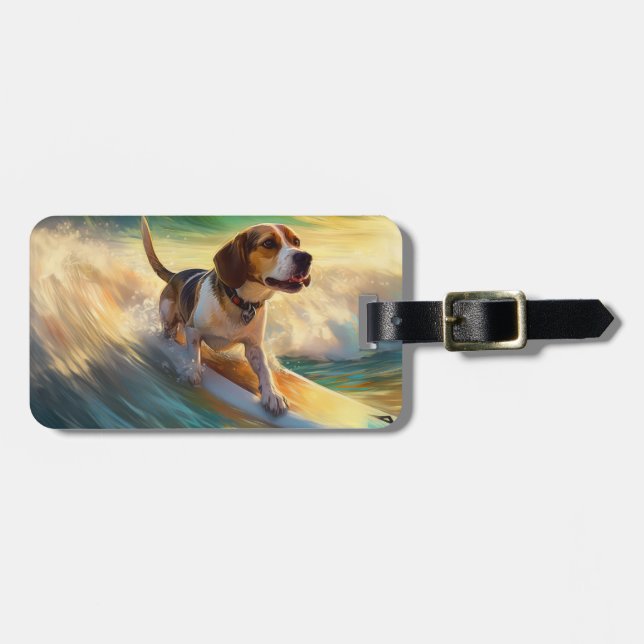 Beagle Beach Surfing Painting Luggage Tag (Front Horizontal)