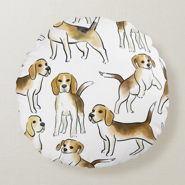 Beagle Beauty: Watercolor Dog Pattern Round Cushion (Front)