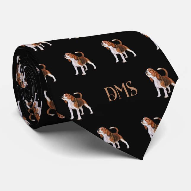 Beagle Bliss: Monogrammed Beagle Pattern Black Tie (Rolled)