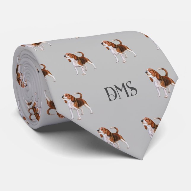 Beagle Bliss: Monogrammed Beagle Pattern Grey Tie (Rolled)
