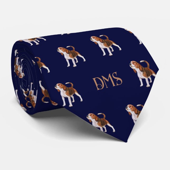 Beagle Bliss: Monogrammed Beagle Pattern Navy Blue Tie (Rolled)