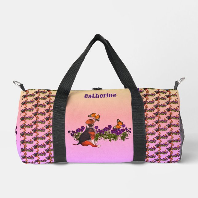 Beagle Butterflies Flowers Animal Personalised Duffle Bag (Front)