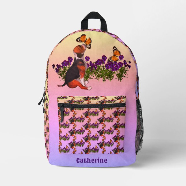 Beagle Butterflies Flowers Animal Personalised Printed Backpack (Front)